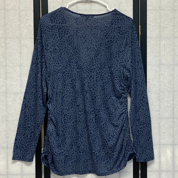 INC Burnout V Neck Faux Wrap Shirred Side Blouse Blue Leopard 1X Long Sleeve - Picture 2 of 12
